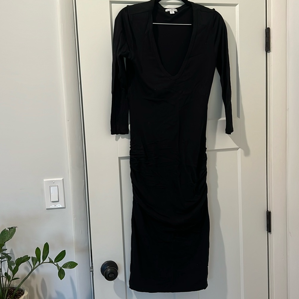 James Perse ruched black dressed, midi length, size 2